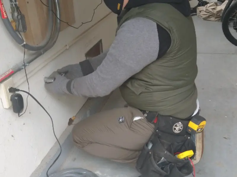 Electrician performing outlet wiring in a Greenfield garage